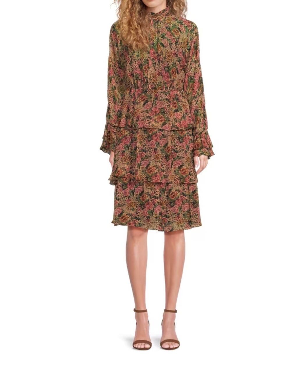 Mikael Aghal Women Size 10 Floral Tiered Midi Dress Chiffon Flowy Boho Romantic